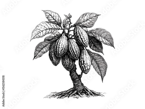 Hand-drawn vintage cacao tree engraving, botanical sketch, tropical pods, nature wall art, eco-friendly print, retro illustration, black sketch, vintage style, tropical plant decor, forest artwork