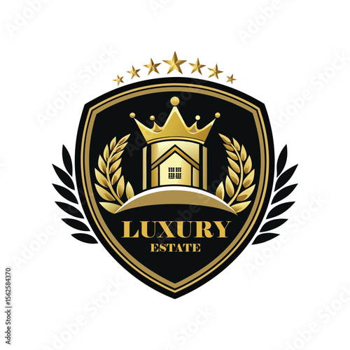 Luxury Real Estate Crest Logo with Crown, Elegant Home Silhouette, Premium Royal Property Emblem, Gold Vintage Heraldic House Badge.