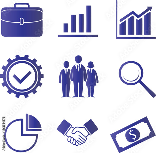 Business icons briefcase charts people magnifying glass handshake money bar chart