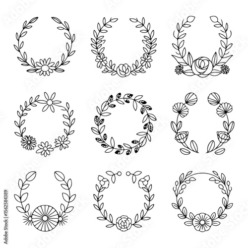 Unique and high quality Floral wreath line icon set