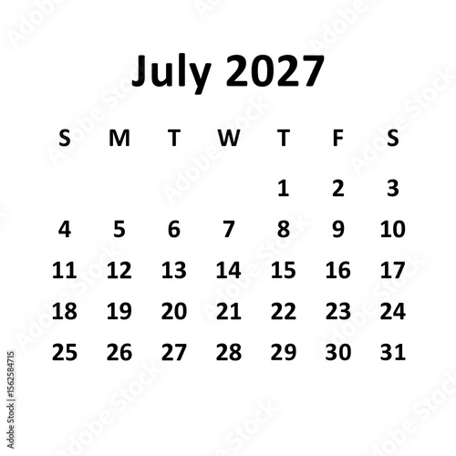 July 2027. monthly calendar design. week starts on Sunday. printable, editable, simple, and clean vector design isolated on white background.