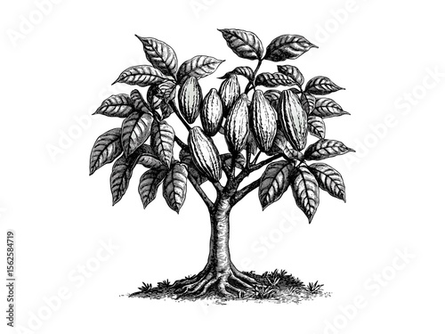 Vintage hand-drawn engraving of cacao tree, botanical sketch, tropical cacao pods, nature decor, eco-friendly print, woodland illustration, retro tree art, old engraving style, exotic plant art