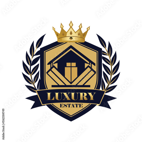 Luxury Real Estate Crest Logo with Crown, Elegant Home Silhouette, Premium Royal Property Emblem, Gold Vintage Heraldic House Badge.