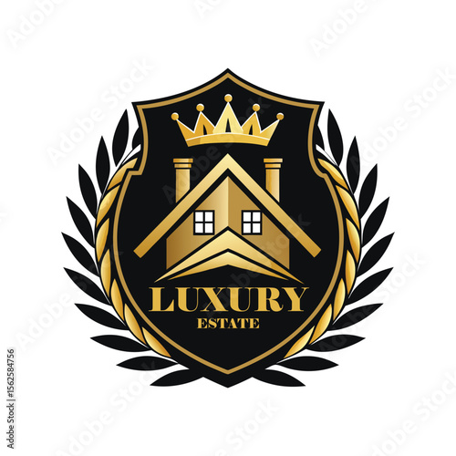 Luxury Real Estate Crest Logo with Crown, Elegant Home Silhouette, Premium Royal Property Emblem, Gold Vintage Heraldic House Badge.