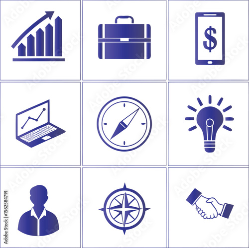 Business icons including growth chart briefcase phone lightbulb compass and handshake