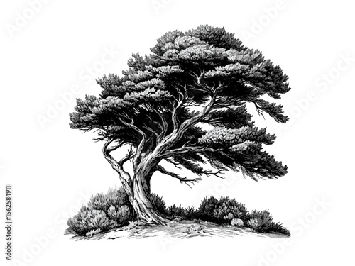 Cedar of Lebanon vintage engraving, botanical art, cedar branches, Mediterranean tree illustration, nature decor, retro woodland drawing, black hand sketch, antique style, rustic wall art