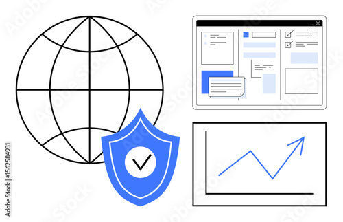 Globe with internet focus, shield with checkmark for security, web interface layout, and analytics chart. Ideal for global reach, cybersecurity, data management, online business, technology digital