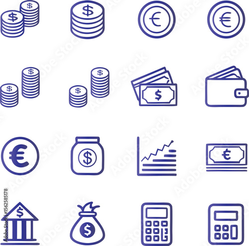 Financial icons dollar euro coins bills wallet bank money bag calculator vector