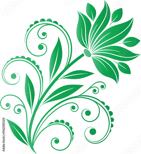 Green floral flourish with swirling vines and leaves vector