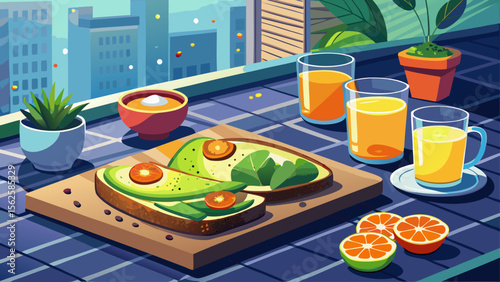 A minimalist urban loft hosts a serene breakfast scene, with avocado toast on whole grain bread, sprinkled with chili flakes, resting on a slate serving board beside a small glass of orange juice.