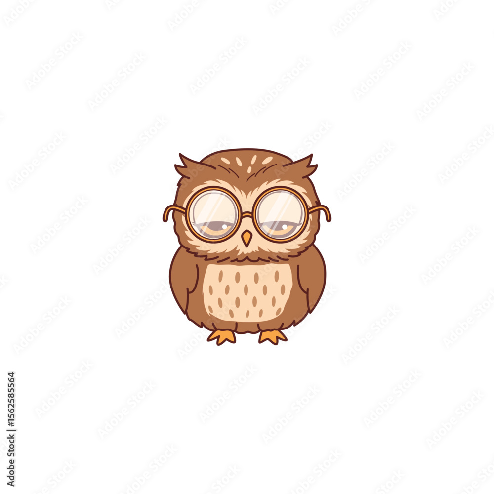 Fototapeta premium An icon of a cute cartoon owl wearing large round spectacles, symbolizing intelligence, wisdom, and a studious or scholarly demeanor.