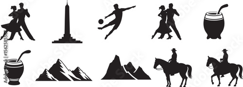 Argentinian Vector Set with Tango Dancers Yerba Mate Andes Mountains Gauchos Soccer and Obelisk Icons