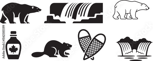 Canadian Icons Vector Set with Polar Bear Maple Syrup Niagara Falls Snowshoes and Beaver Silhouette