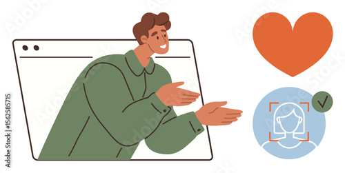Person communicating online from a browser window, large heart symbol, and facial recognition with checkmark. Ideal for connection, relationship, dating, technology, AI, online trust communication