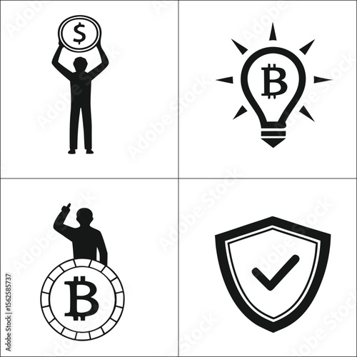 Person holding dollar coin bitcoin idea lightbulb shield with checkmark cryptocurrency