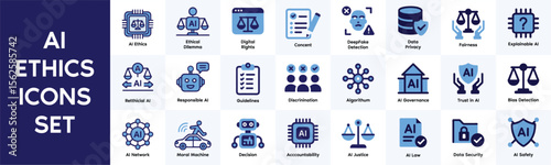 Icons Set of Artificial Intelligence Ethics and Governance, Including Data Privacy