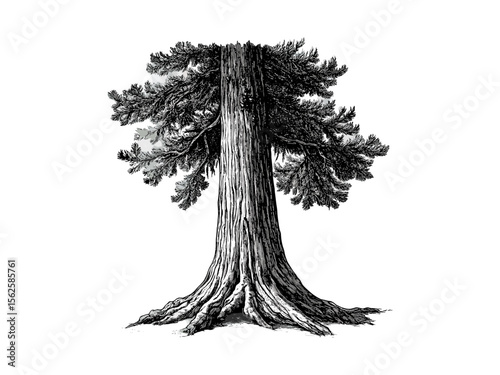 Botanical engraving of cedar tree trunk, vintage hand-drawn sketch, cedar bark texture, evergreen nature art, eco-friendly decor, retro tree illustration, black ink drawing