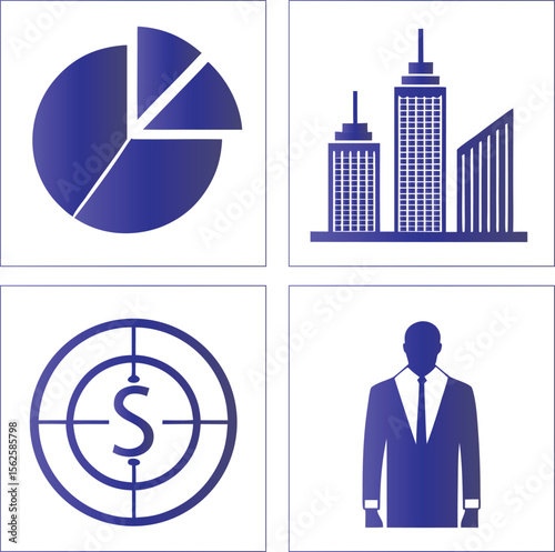 Pie chart skyscrapers target dollar sign businessman suit data statistics