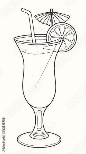 Outlined cocktail glass with straw, lemon slice and umbrella decoration, isolated on white background