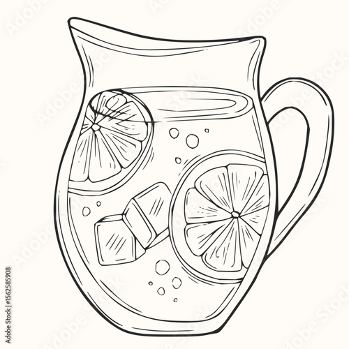 Outline drawing of a pitcher filled with lemonade, ice cubes, and lemon slices, ready to be colored