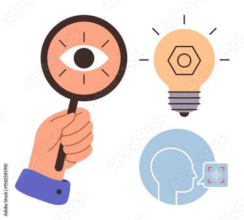 Hand holding magnifying glass with eye, glowing lightbulb, and face profile emitting sound signal. Ideal for focus, research, innovation, vision, creativity communication discovery. Simple flat
