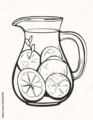 A pitcher filled with sliced citrus fruits and leaves outlined in black and white drawing style art