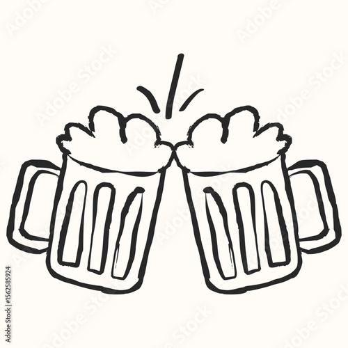 Two frothy beer mugs clinking together in a celebratory toast drawing with simple black outline style
