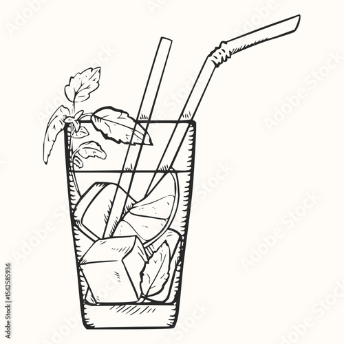 Illustration of a refreshing mojito cocktail in a glass with ice cubes and straws in black and white style