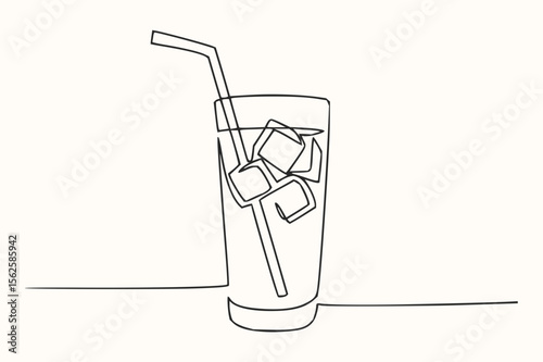 Continuous line drawing of a glass filled with ice cubes and a straw on a flat surface view