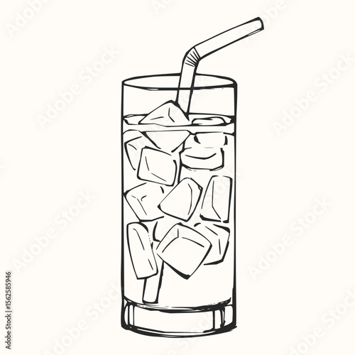 Hand drawn illustration of a tall glass filled with ice cubes and a straw on a white background art