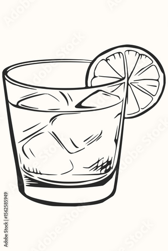 Illustration of a glass filled with ice cubes and garnished with a slice of citrus fruit