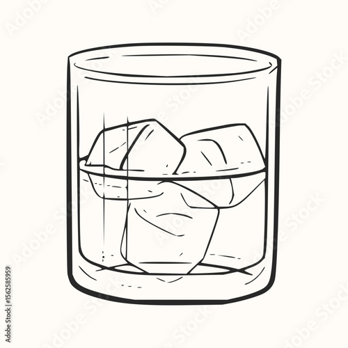 Illustration of a short clear glass filled with liquid and ice cubes in a simple line drawing style
