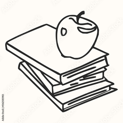An illustration of a stack of books with an apple on top in a simple black and white line drawing style