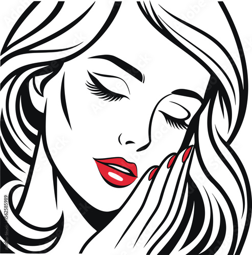 Woman with flowing hair and red lips face