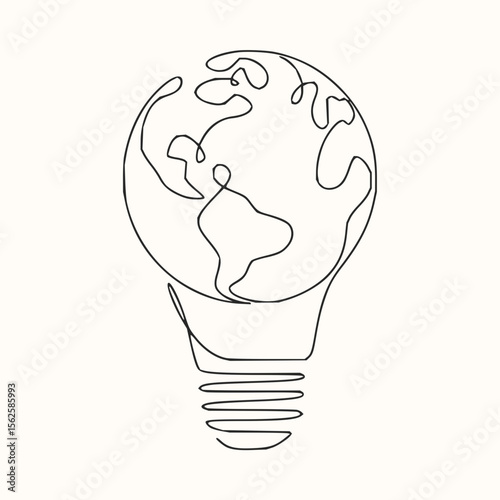 Single line drawing of a lightbulb with the earth inside symbolizing innovative green energy solutions