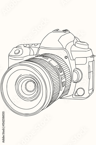 Detailed line drawing of a digital single lens reflex camera with a large lens and various buttons