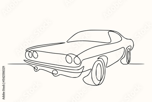 Continuous line drawing of a classic muscle car with sleek design and prominent round headlights design