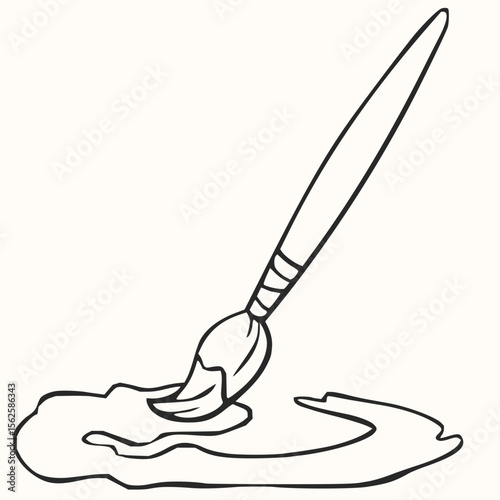 A drawing of a paintbrush with black outlines resting in a puddle of paint on a white background art