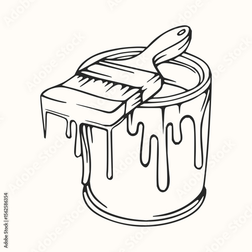 A black and white drawing of a paint can with dripping paint and a brush resting on the top of the can