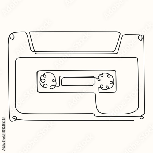 Single line drawing of a cassette tape with reels and rectangular sections on a white background surface