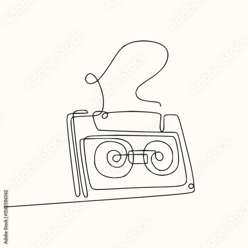 Continuous line drawing of a cassette tape with the tape spilling out in a curly design on white background