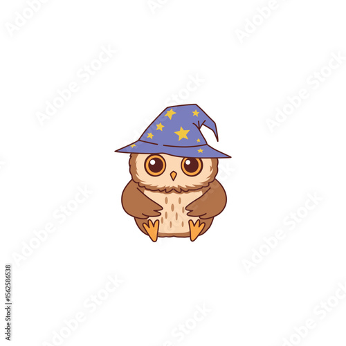 An icon of a cute cartoon owl wearing a blue wizard hat with stars, symbolizing magic, enchantment, and mystical wisdom.