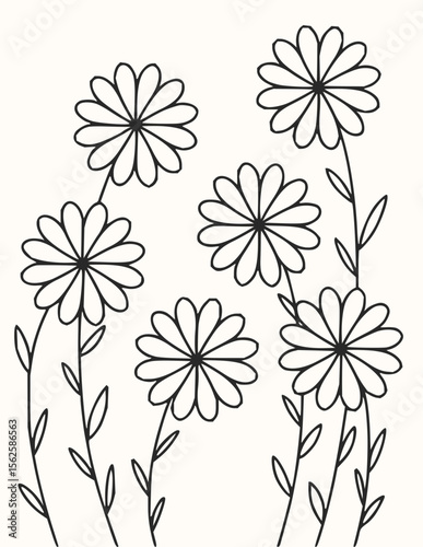 Illustration of six outlined daisy flowers with stems and leaves on a white background design element
