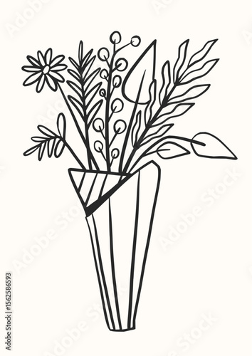 Black outline drawing of a vase filled with a variety of flowers and leafy stems in simple style