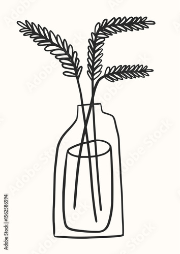 Minimalist drawing of three leafy stems in a clear glass vase with a cylindrical insert inside it