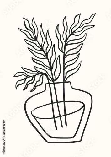 Outline drawing of three leafy stems in a clear vase with a white background and black line art