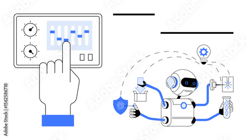 Hand operating control panel as robot manages tasks thumbs up security, mail, creativity, and testing. Ideal for automation, robotics, AI, control systems, multitasking innovation simple flat
