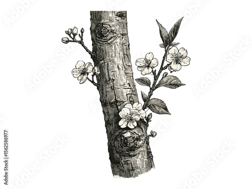Vintage hand-drawn engraving of cherry blossom tree trunk, botanical illustration, cherry tree bark, spring nature tree, eco-friendly print, retro woodland decor, black sketch, old style
