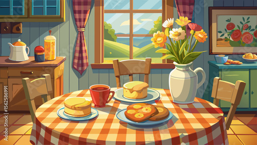In a quiet country kitchen, a charming table set with buttermilk biscuits and sausage gravy invites comfort, the warm light from a window casting gentle shadows over the floral tablecloth.