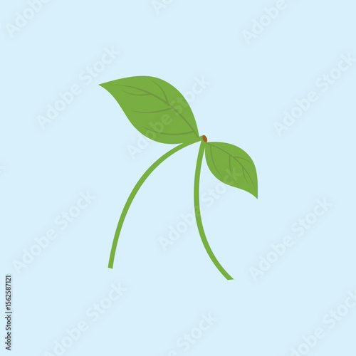 Illustration of two small green leaves with long stems on a light blue background, symbolizing growth, freshness and the beginning of life in a natural and simple nuance.
